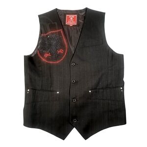 Jack & Jones Mens Limit Vest Black Pinstripe Rhinestone Eagle Waistcoat Small